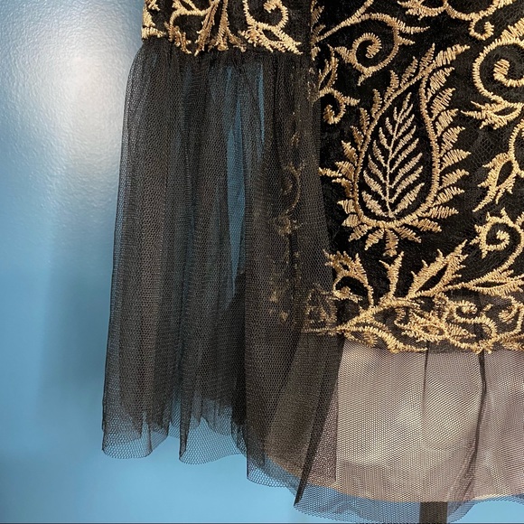 🆕 NWT DREW Women’s Black/Gold Embroidered Mesh Top Tulle Blouse A-Line XS - Picture 2 of 11